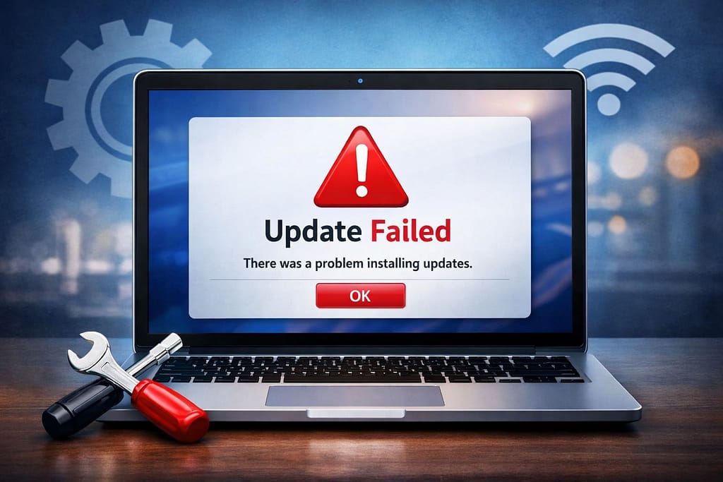 Windows 11 update problems showing update failed error message on laptop screen