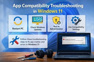 Apps not working in windows 11 troubleshooting steps in Windows 11 showing update, admin, and compatibility settings