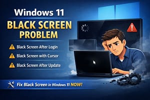 Windows 11 black screen problem showing laptop display with black screen and cursor.